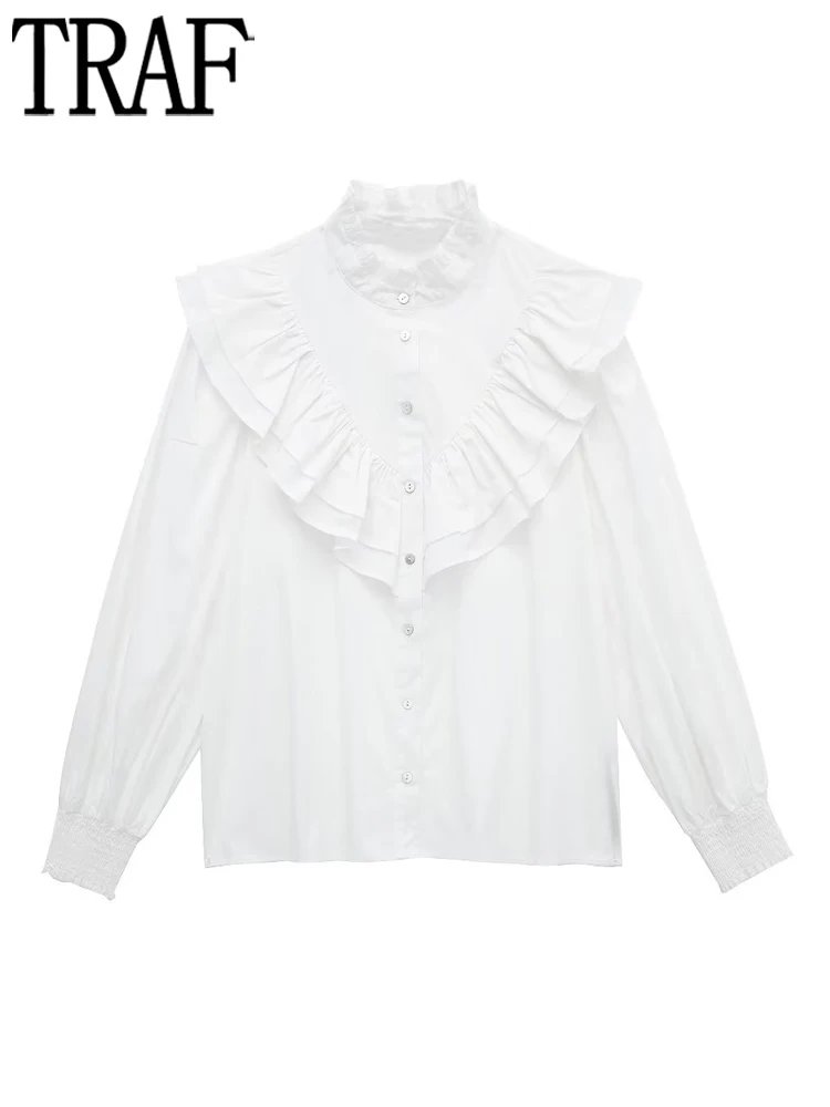 

TRAF Ruffle Blouse Female White Button Up Shirt Women Long Sleeve Oversized Shirt Woman Autumn Turtleneck Women Tops and Blouses