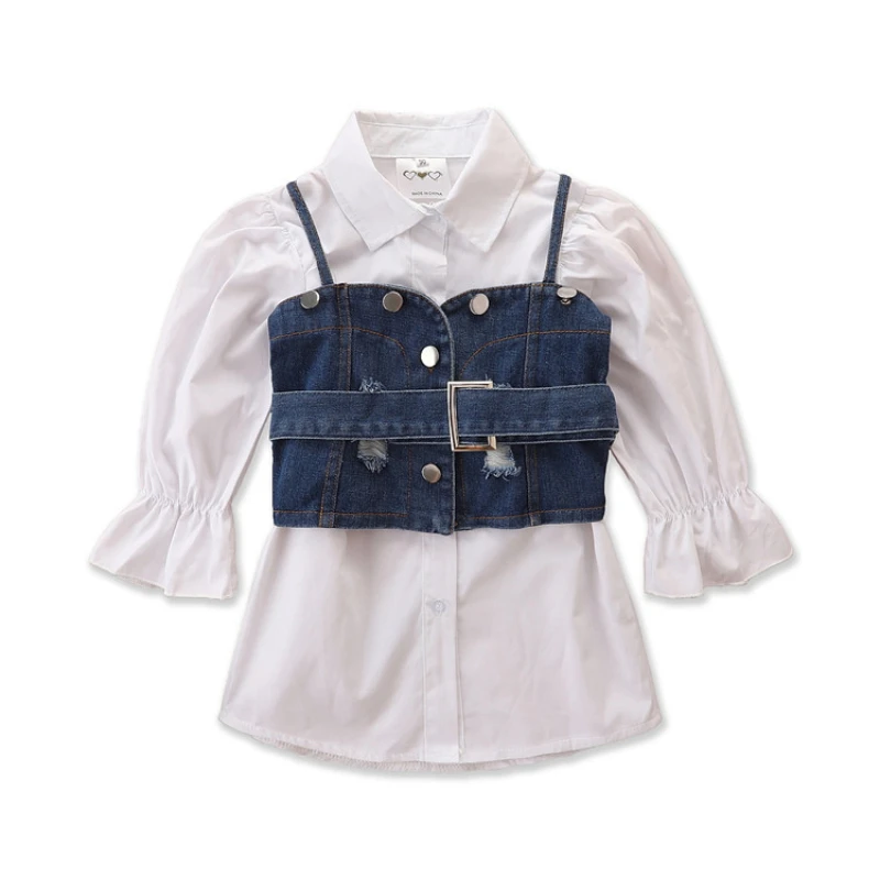 

Summer Girl Shirt Dress + Denim Cotton Vest Fashion Long Sleeve Kids Dress Set Children Suits Clothes