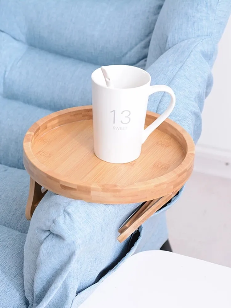 

Sofa Armrest Clip-On Tray Round Foldable Side Table Natural Bamboo Couch Arm Organizer TV Remote Control Snack Coffee Phone Tray
