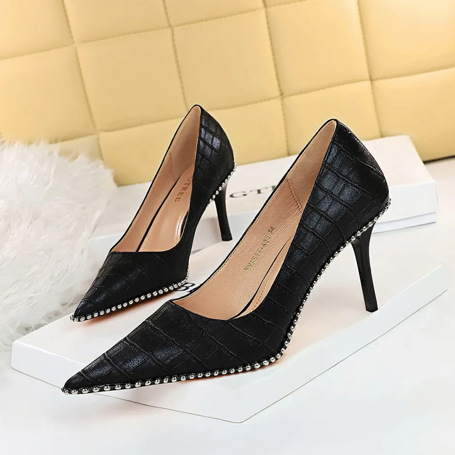 

Туфли-лодочки BIGTREE женские, высокий каблук-шпилька 8 см, металлические бусины, с заклепками, на тонком каблуке, Свадебная обувь для вечеринки