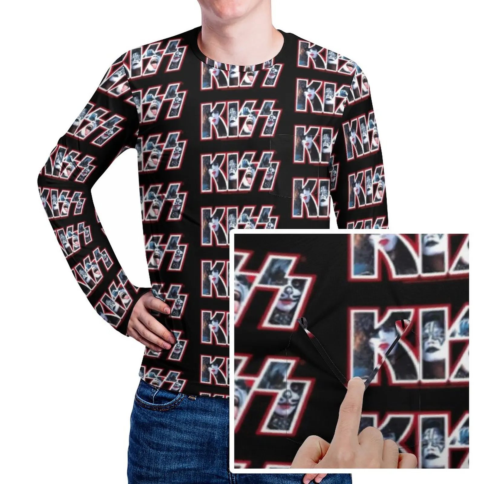 

Футболка с принтом логотипа Kiss с фото группы, новинка, футболки с карманом и длинным рукавом, топы с принтом, Осенние веселые футболки большого размера