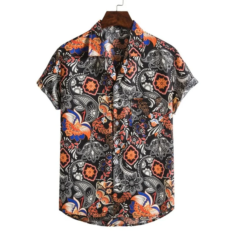 New Men's Short-sleeved Printed Shirt Hong Kong Style Trend Hawaiian Shirt  Lapel Beach Flower Shirt Chemise Hawaiienne Homme