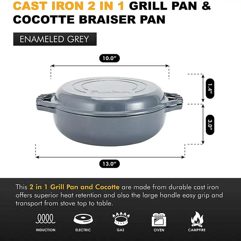 

Enameled Cast Iron Cocotte Double Braiser Pan with Grill Lid 3.3 Quarts - Barbecue