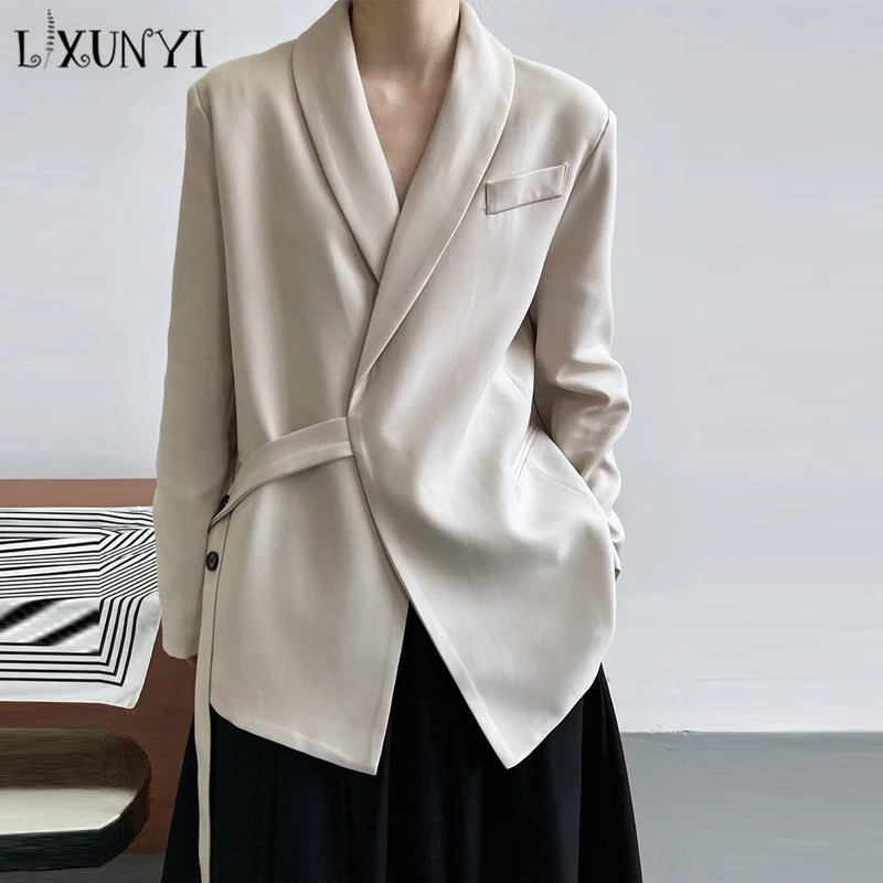 Women Designer Blazer Jackets 2023 Spring Autumn Single Button Lapel Loose Suit Jackets Female Fashion Draping Lace-up Suit Coat