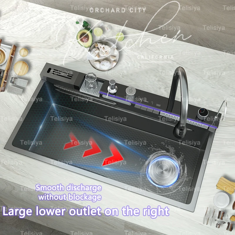 Кухонная раковина из нержавеющей стали с водопадом и держателем для ножей