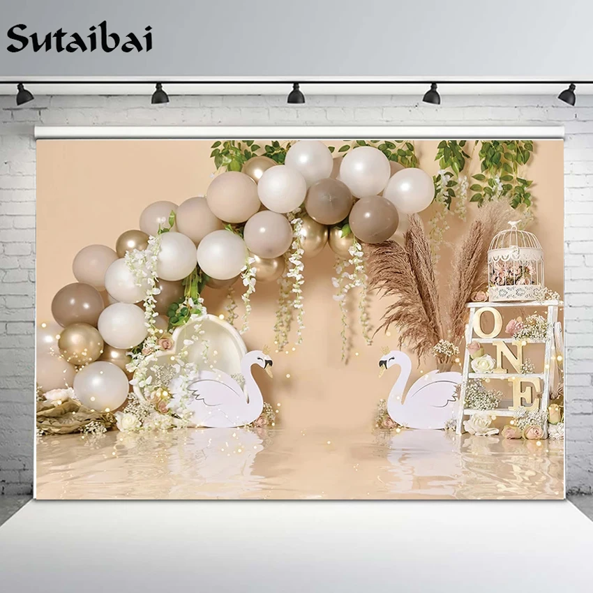 

Girl 1st Birthday Portrait Photography Background Swan Flowers Balloon Decoration Baby One Cake Smash Backdrop for Photo Studio