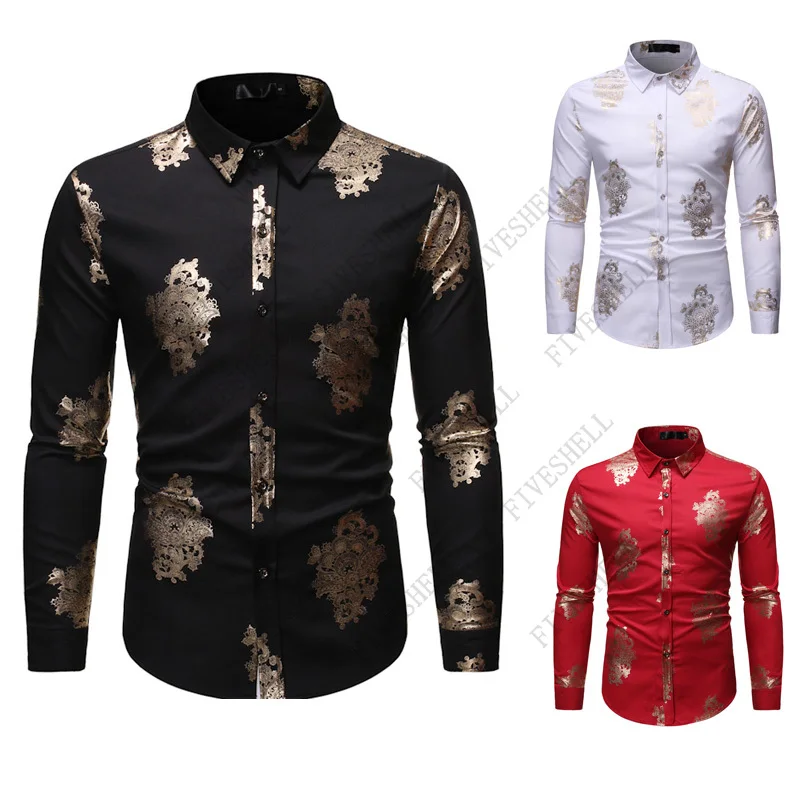 Shiny Gold Bronzing Camisa Social Shirts Men Slim Fit Long Sleeve Dress Shirt Men Nightclub Floral Shirt Male Red Stage Clothes