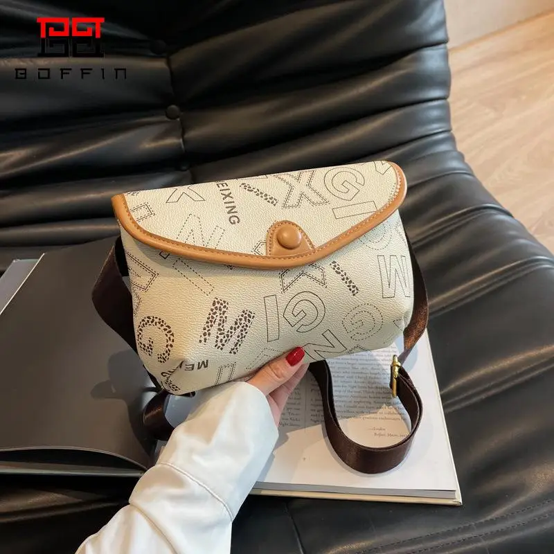 BOFFIN 2023 Retro Letter Printing Single Shoulder Crossbody Bag Luxury Women's Pu Bag Simple Fashionable Small Square Bags