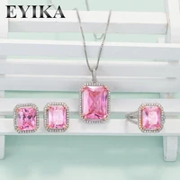 eyika top quality baby pink rectangle crystal zircon jewelry set women rose gold prong setting ring earrings pendant necklace
