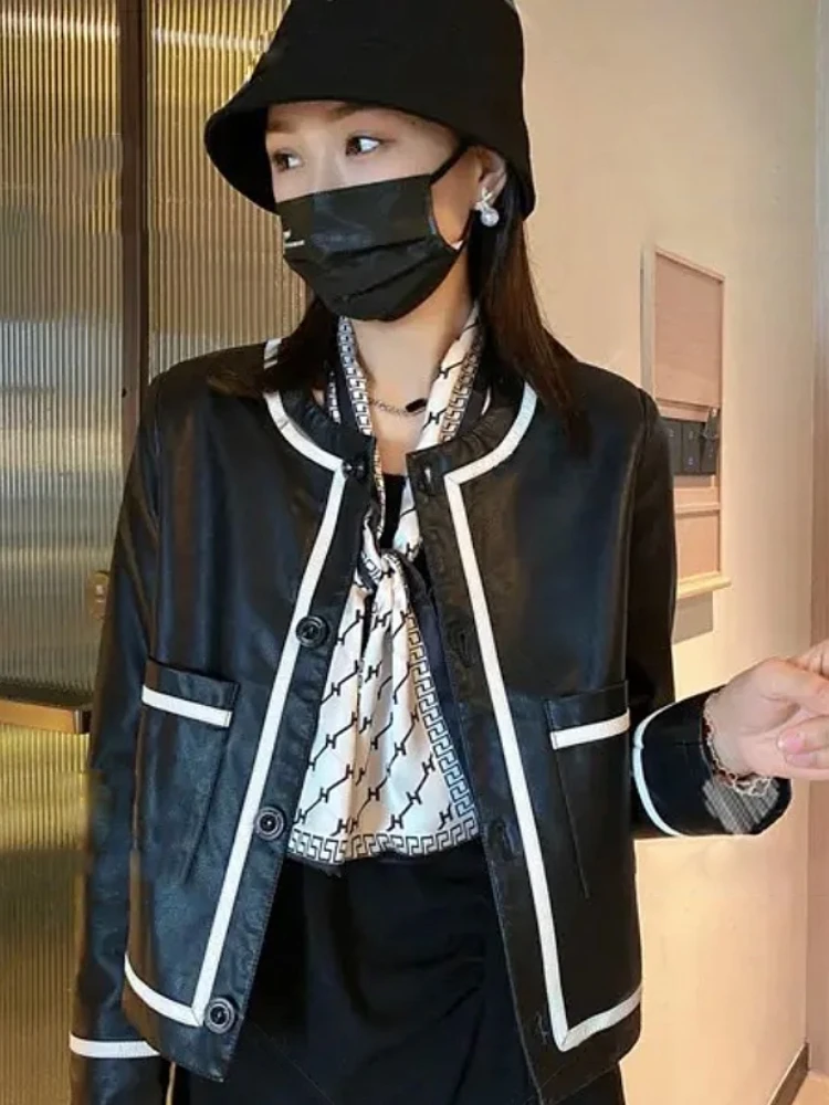 

Jackets for Women 2023 Spring Autumn New Korean Casual Imitation Leather Coat Fashion Splice Leather Jacket Women Streetwear