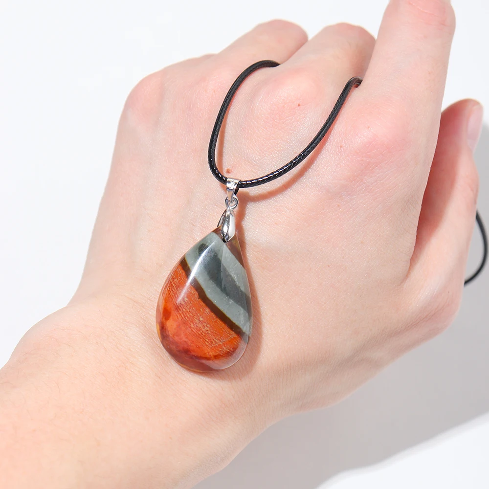 

Natural Marine Agate Water Drop Pendant Energy Crystal Necklace with PU Chain Charm Stripe Aura Healthy Balance Spirituality Gem