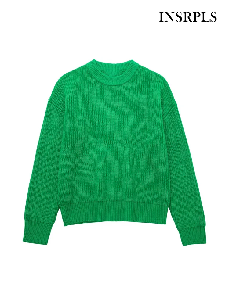 

INSRPLS Women Fashion Loose Green Knit Sweater Vintage O Neck Long Sleeve Female Pullovers Chic Tops