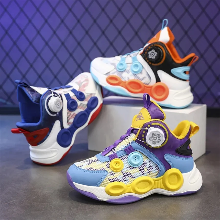 Kids Basketball Shoes New Mesh Breathable Rotating Button Children's sneakers Cushioning Training Athletic Basketball Sneakers
