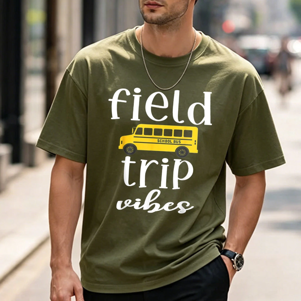 Фото Футболка с принтом школьного автобуса в стиле Field Trip Vibes, дышащая, забавная, для активного отдыха, из высококачественного хлопка, с короткими рукавами №4