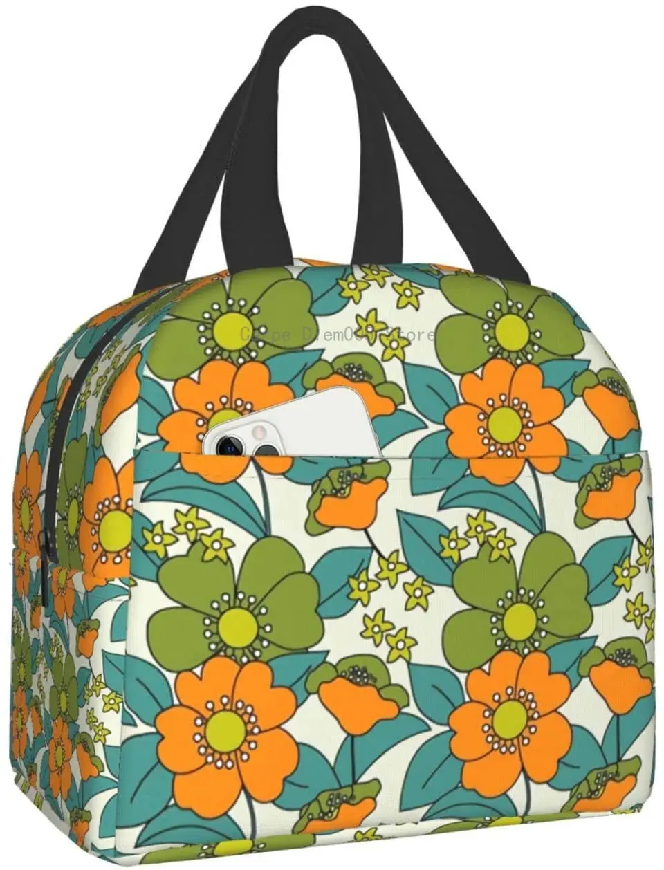 

70s Floral Orange Reduced Lunch Bags For Women Men Kids Girls Boys Adults Insulated,Cute Reusable Thermal Lunch Tote Box