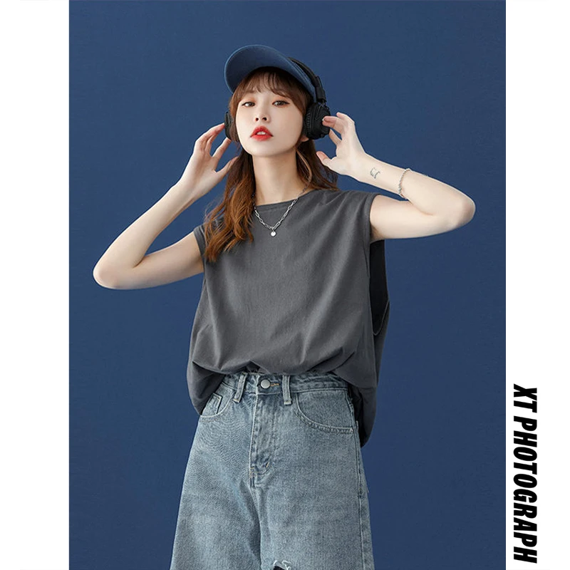 Женская футболка без рукавов из чистого хлопка Новинка лета 2023 жилет верхняя