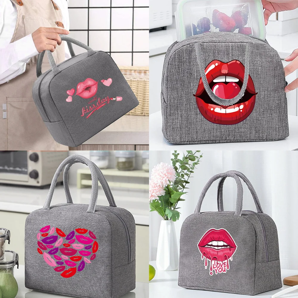 

Lunch Bag for Women Kids Portable Insulated Cooler Bag Thermal Food Picnic Lunch Box Ice Pack Tote Pouch Grey Mouth Pattern