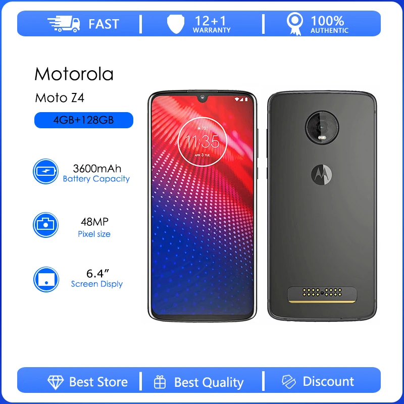 Фото Оригинальный разблокированный смартфон Motorola Moto Z4 XT1980 One Sim, 4 ГБ ОЗУ, 128 ГБ ПЗУ, восьмиядерный, 48 МП, 6,4 дюйма, 3600 мАч, Android 9 NFC, FM №1
