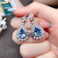 meibapj real 925 sterling silver natural light blue topaz flower drop earrings fine charm wedding jewelry for women