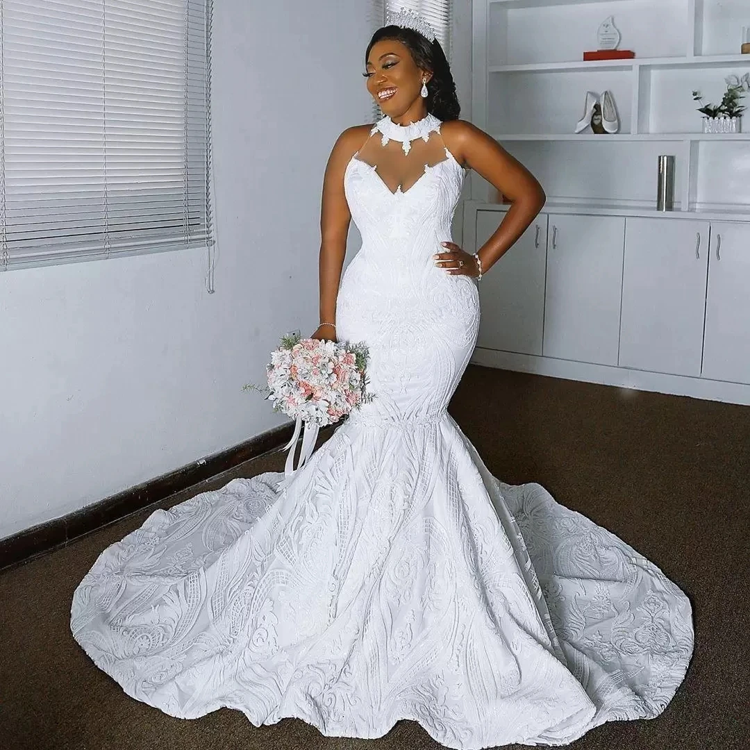 

African Mermaid Wedding Dress Sheer Neck Illusion Plus Size White Lace Appliques Back Zipper Bridal Gowns Vestidos De Noiva