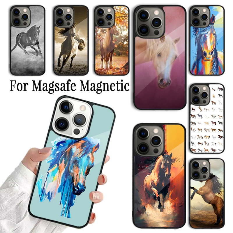 Фото Чехол для телефона с изображением лошади для iPhone 17 16 15 14 13 12 11 Pro Max Plus, магнитный, для Magsafe №1