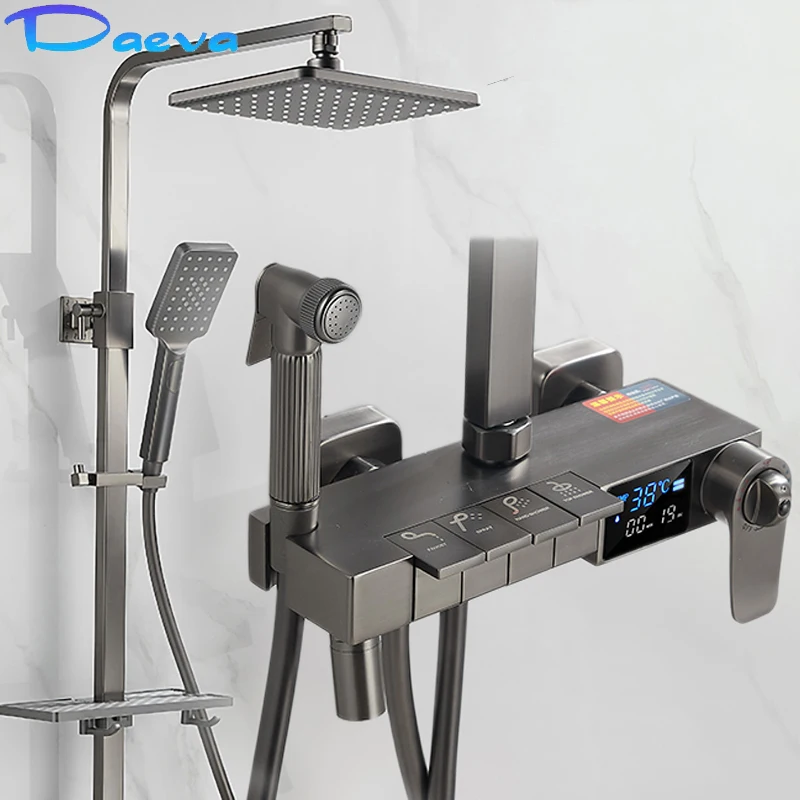 

Gray Thermostatic Bathroom Shower System Luxury Bath Rainfall Shower Set Digital Display Bathtub Mixer Tap Piano Press Button