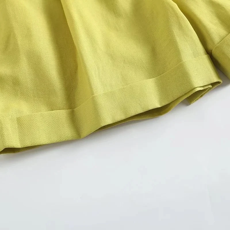 Dave&Di Pleated Medium Wasit Loose Bermuda Linen Cotton Shorts Women England Style Fashion Shorts Casual Shorts Sashes