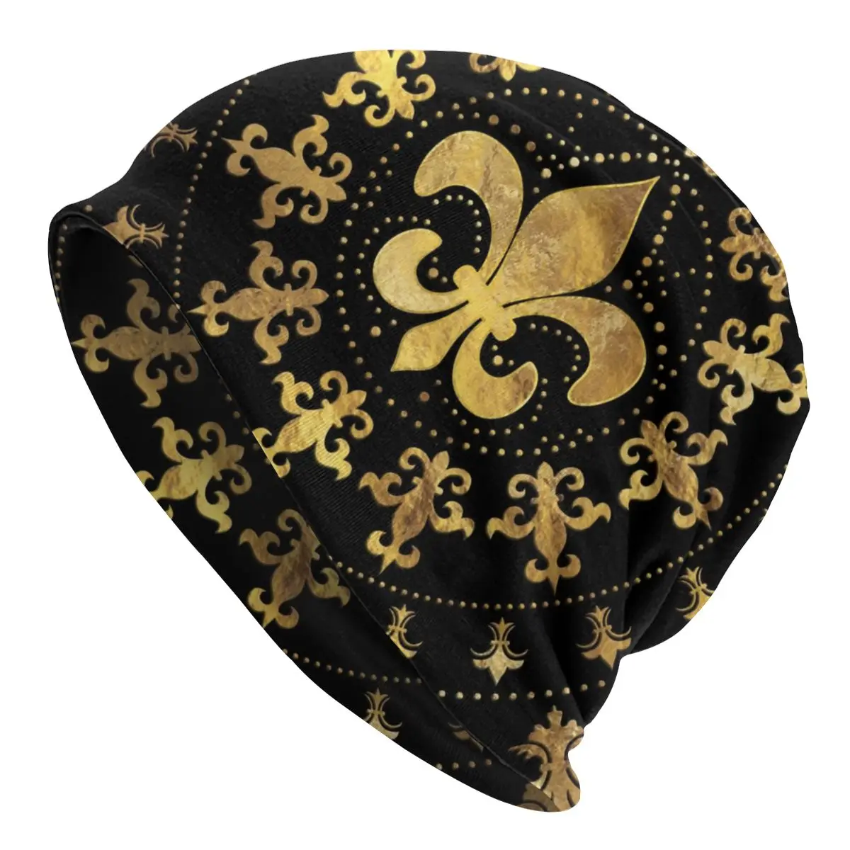 

Gold Black Fleur De Lis Beanie Cap Unisex Winter Warm Bonnet Femme Knitted Hats Outdoor Ski Fleur-De-Lys Lily Flower Beanies Cap