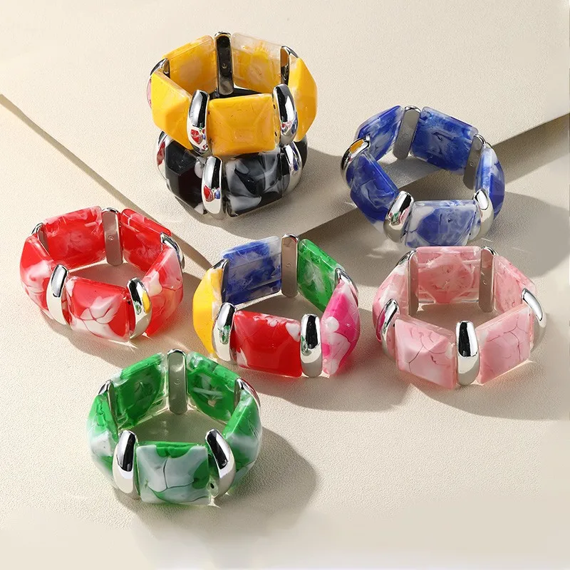 

Vintage Geometric Chain Bracelets for Women Trendy Adjustable Colorful Wide Bangle Bracelet Girls Party Elastic Retro Jewelry