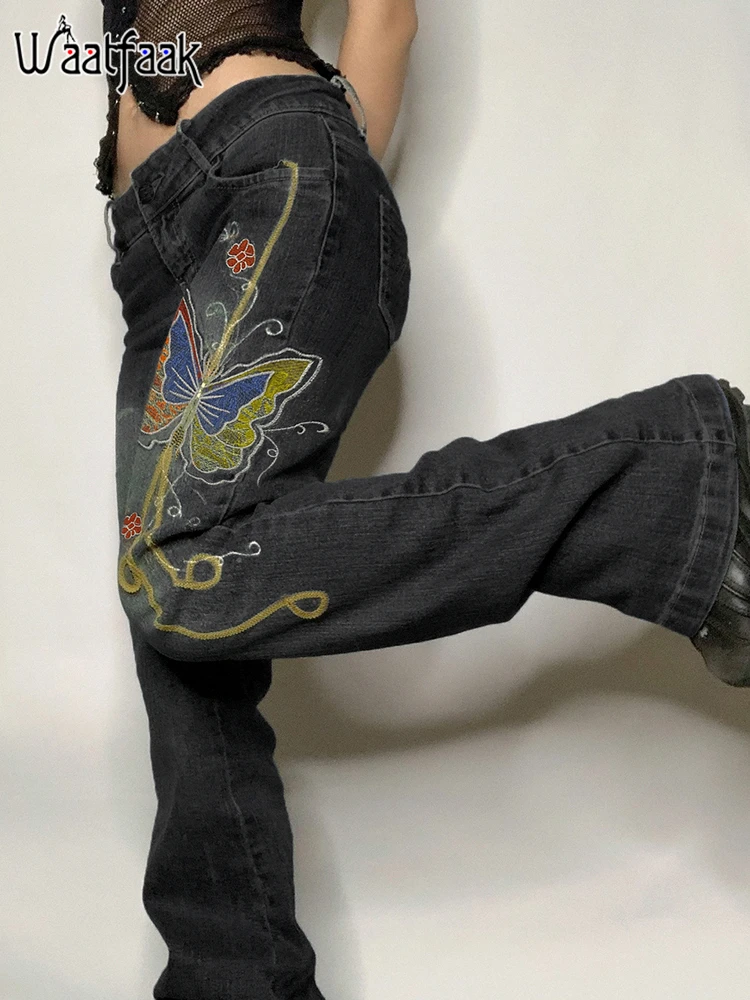 

Waatfaak Retro Black Butterfly Grunge Jeans Low Waist Y2K Vintage Pockets Streetwear Alt Techwear Aesthetic Cargo Pants Women