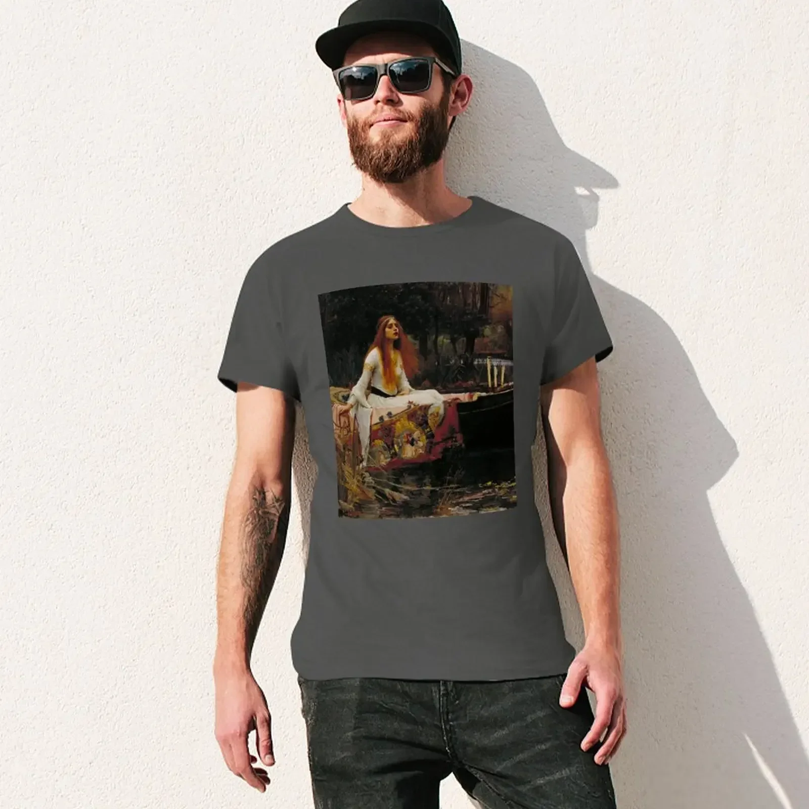 Леди шалота (Джон Вт. Waterhouse) Футболка винтажная Тяжелая Мужская одежда для