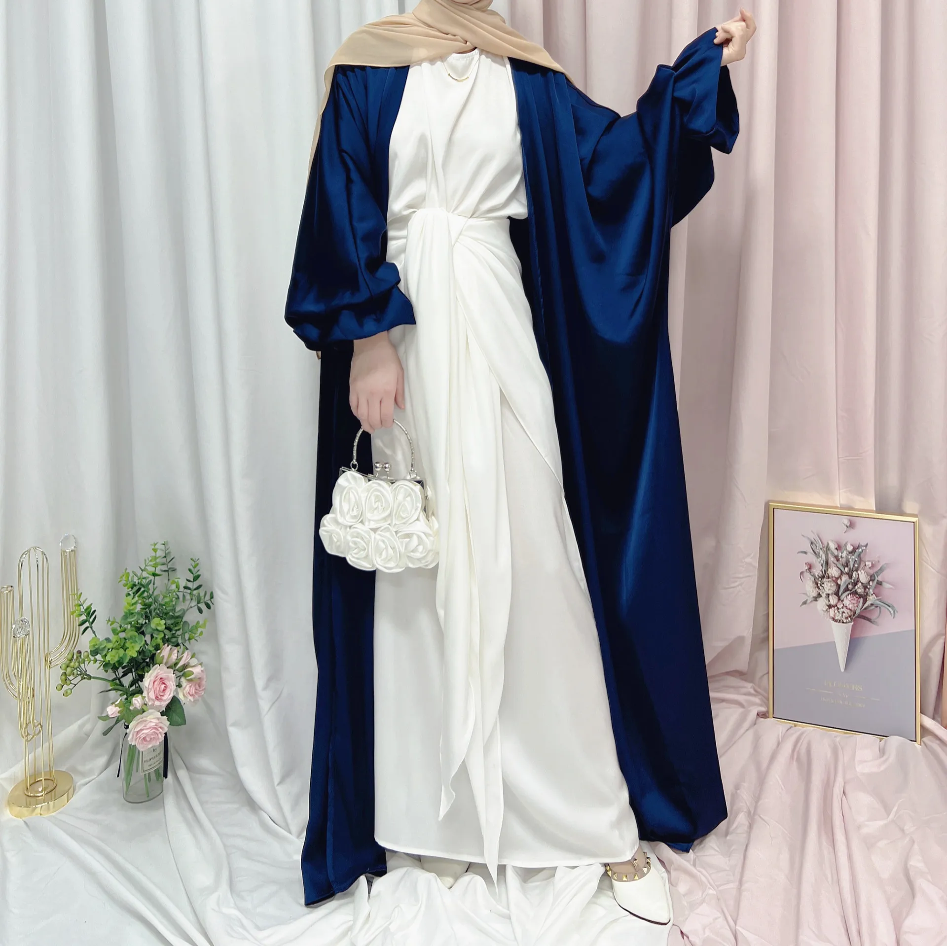 Рамадан однотонная открытая абайя кимоно для женщин Musulmane с пышными рукавами сатин мусульманский хиджаб платье Абая для женщин Дубай Кафта...