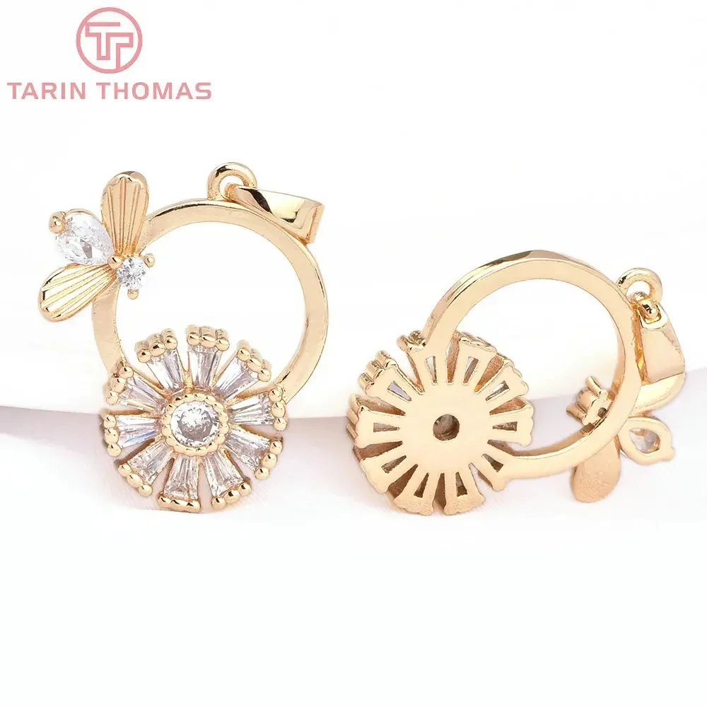 (7775) 6 шт. 18x22 мм 24 К золотого цвета латунь с цирконом в форме цветка подвески пчелы