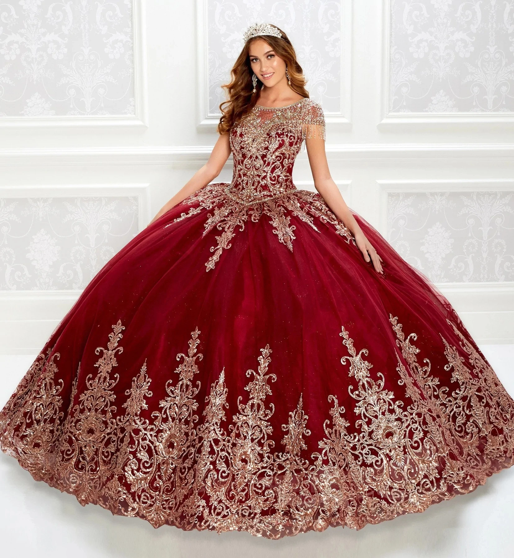 

Burgundy Charro Quinceanera Dresses Ball Gown Cap Sleeves Tulle Appliques Puffy Mexican Sweet 16 Dresses 15 Anos