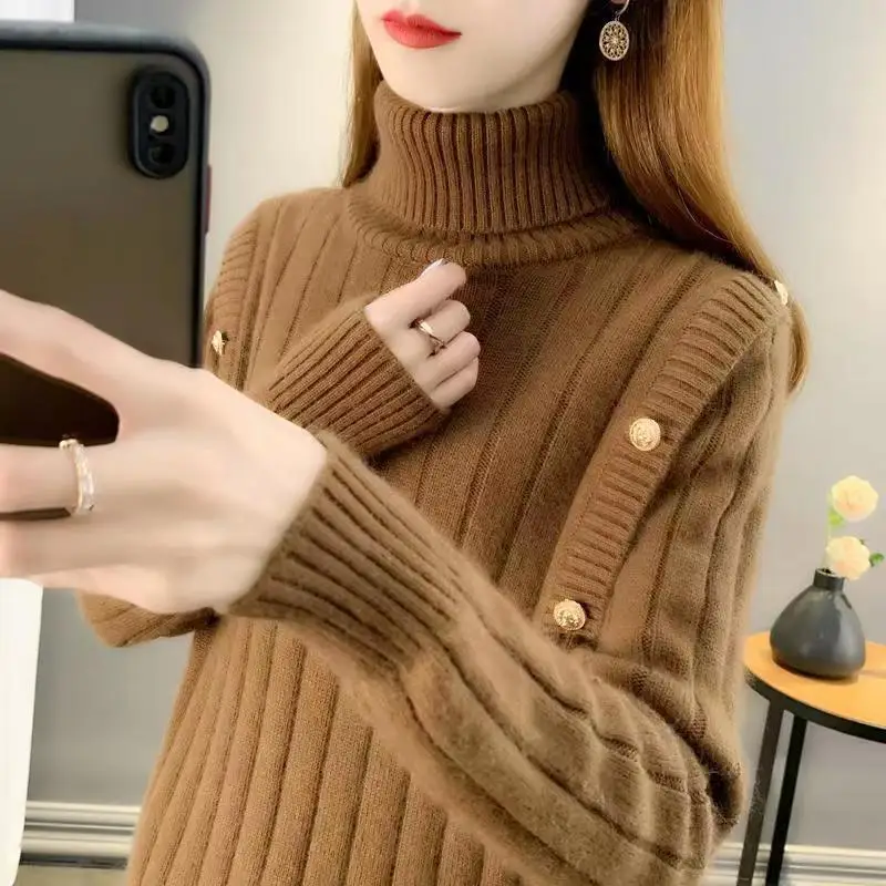 

Ladies Turtleneck Thickened Sweater Autumn And Winter Fashion Lapel Solid Color Knit Sweater Button Navy Bottoming Shirt Top
