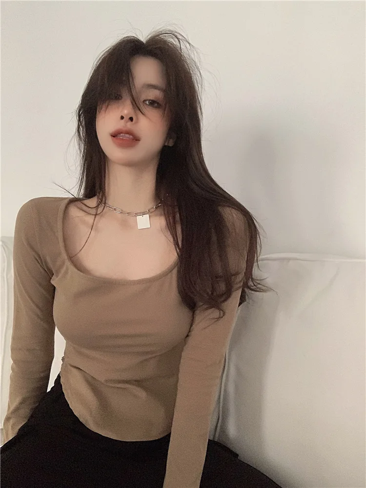 

Autumn Winter Long Sleeve Underwear T-shirt for Women Student Wear Irregular Low Cut U-neck Casual INS Korea Girl Pullover Tops
