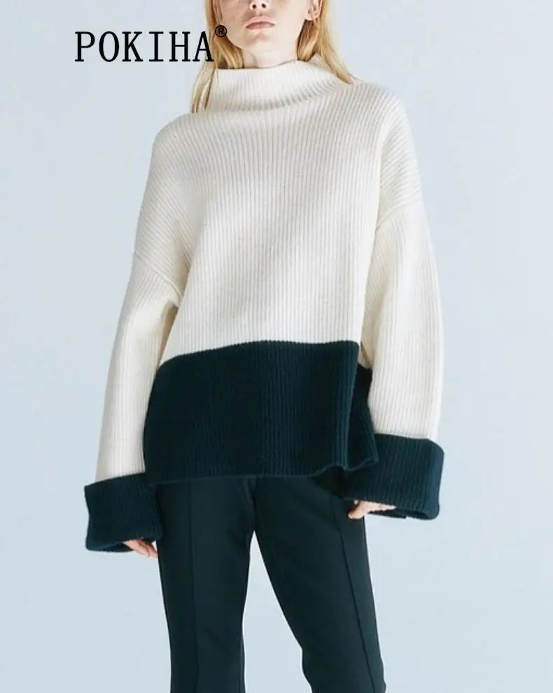 

Pokiha Fashion Women New Casual Autumn Winter Loose Knitted Sweater Vintage Stand Collar Long Sleeves Female Pullovers Chic Tops