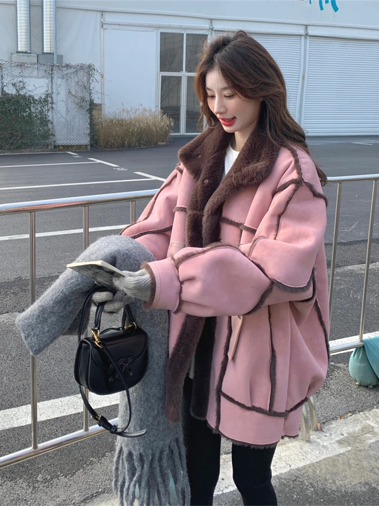 Кожаная розовая верхняя одежда из овечьей шерсти женская осенне-зимняя замшевая