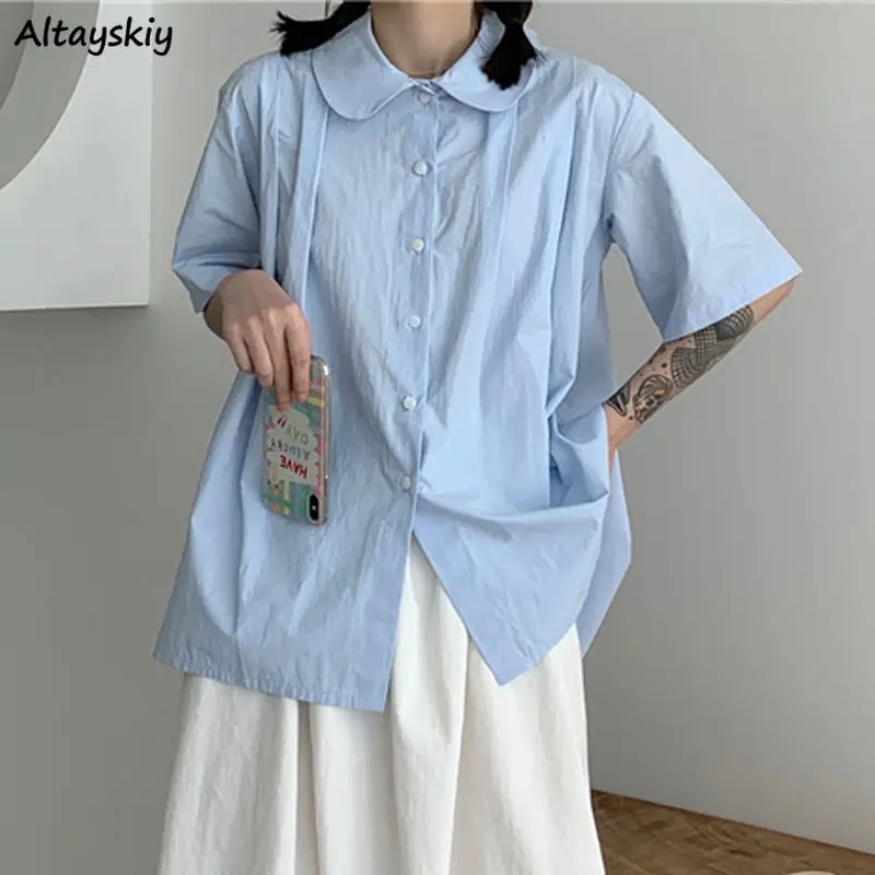 

Women Shirts Solid Candy Color Preppy Style Teenagers Boyfriend All-match Leisure Females Tops Peter Pan Collar Lovely Hot Sale