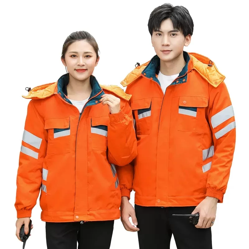 

y2k Winter Jackets Men with Reflective Stripes Cotton Padded Jacket with Removable Linner Workwear Jacket Multi Pockets Work