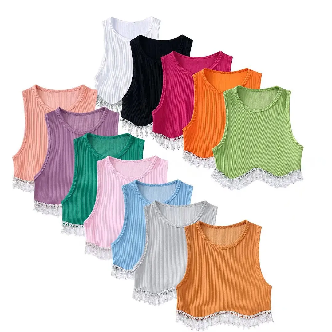 

2022 New Simple Sexy Rhinestone Tassel Hem Tank Women High Street Sleeveless Seamless Crop Tops Female Slim Short Camis