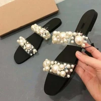 2022 summer new womens shoes with girly beach shoes casual flat pearl slippers for women outer wear large size 42 luxury brand
