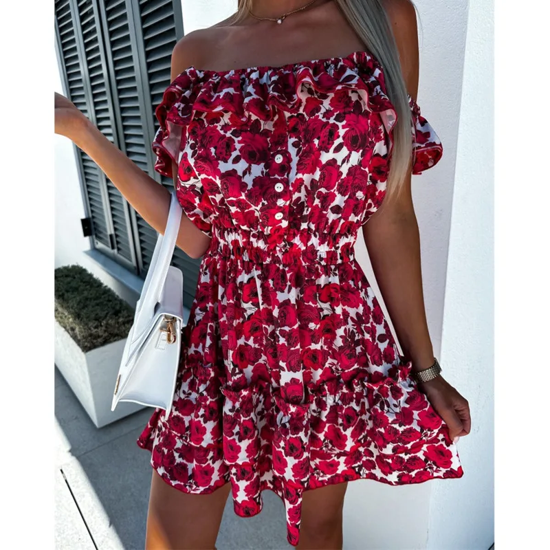 

Summer Sexy Floral Camis Mini Dress Women 2023 Fashion Sleeveless Off Shoulder Dresses Casual Red Cute Ruffles Slim Fit Sundress