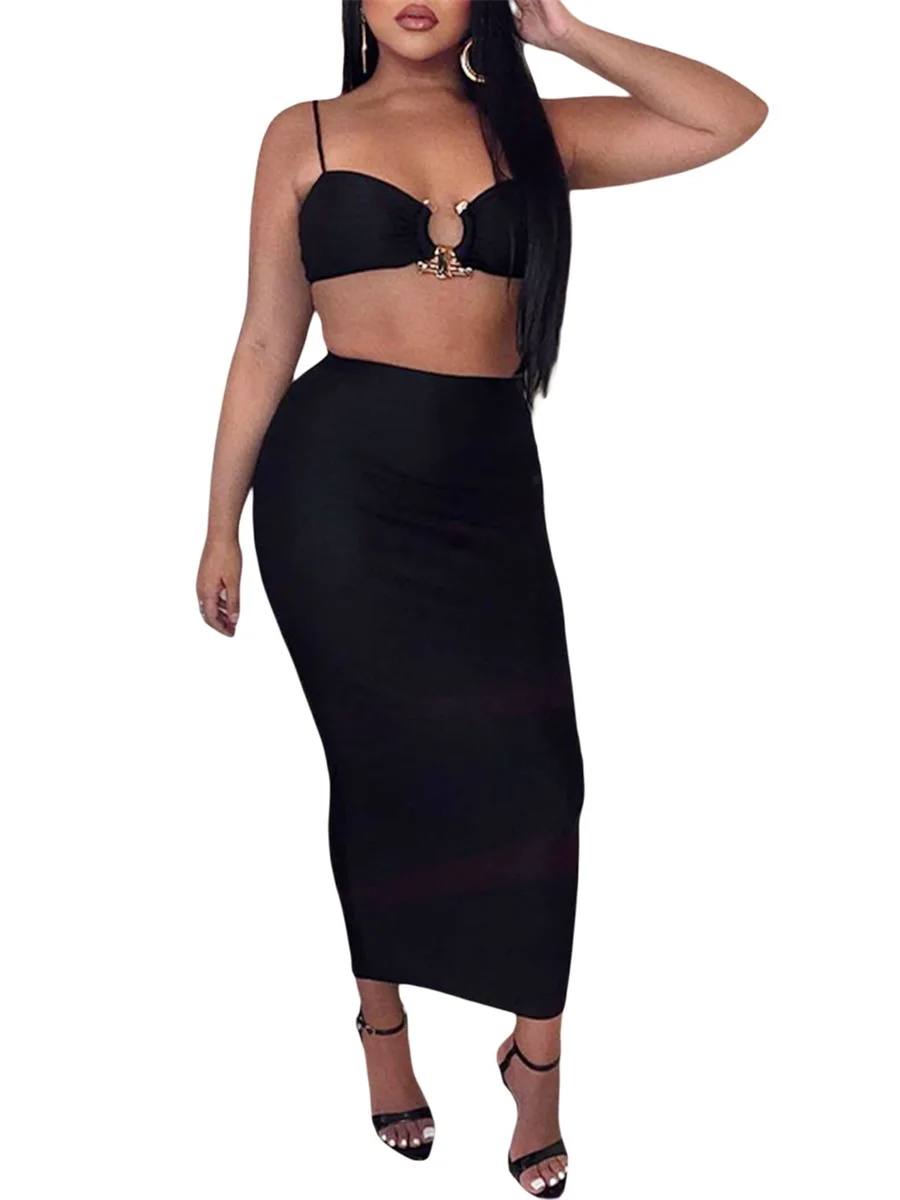 

Women Summer Skirt 2Pcs Suit, Solid Color Metal Buckle Sleeveless Camisole + High Waist Long Skirt