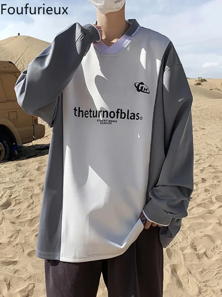 

Мужская футболка в Корейском стиле foufurious 2022, модная свободная уличная футболка, Мужская одежда, Лоскутные Топы Y2k, мужская одежда