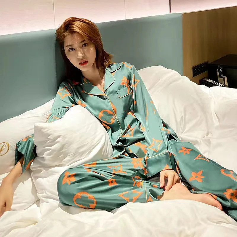 Ice Silk Pajamas Girls Spring Long-sleeve Thin Section Sweet Korean Version Silk Plus Size Home Clothes Two-piece Suit