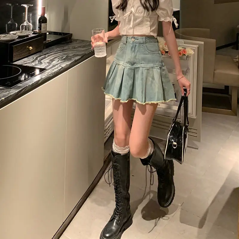 ВИНТАЖНАЯ ДЖИНСОВАЯ мини-юбка HOUZHOU Женская состаренная Милая трапециевидная