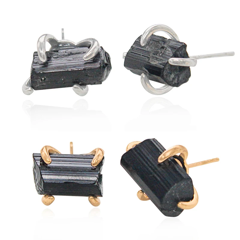 Нерегулярные серьги-гвоздики из необработанного черного турмалина для женщин