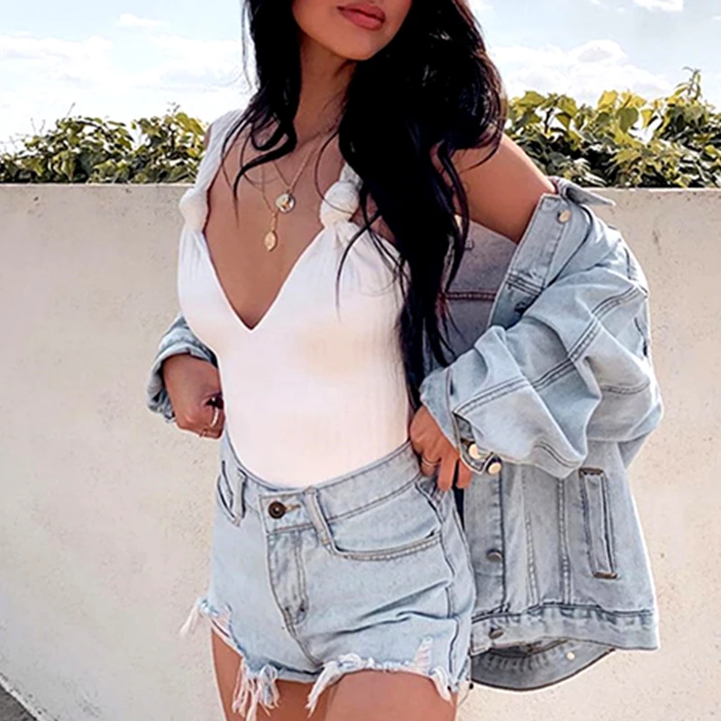 

Summer Sexy Streetwear Open Back Bodysuits Leoptard Tops Ladies Knotted Sleeveless V Neck Ribbed Bodycon Romper Jumpsuits Women