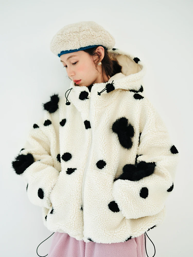Imakokoni Original Design Long Sleeve Warm Jacket Women's Thickened Winter Lamb Hair Hooded Polka Dot Top Women's Wear
